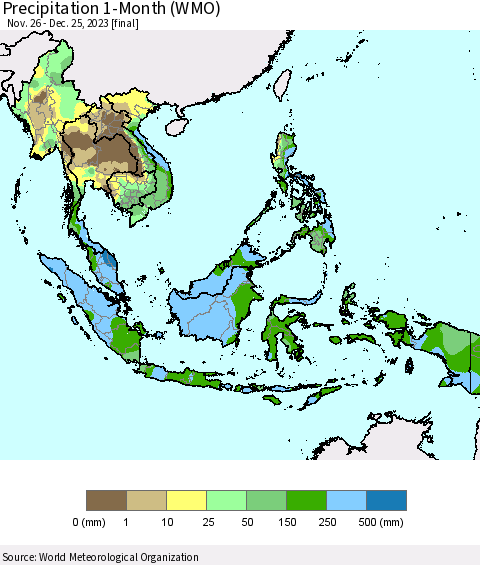 South East Asia Precipitation 1-Month (WMO) Thematic Map For 11/26/2023 - 12/25/2023