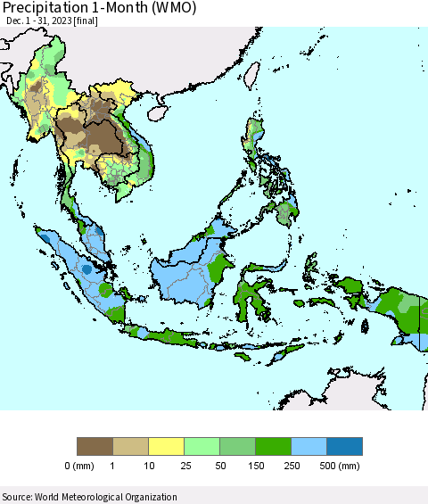 South East Asia Precipitation 1-Month (WMO) Thematic Map For 12/1/2023 - 12/31/2023