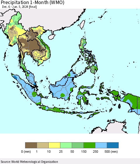 South East Asia Precipitation 1-Month (WMO) Thematic Map For 12/6/2023 - 1/5/2024