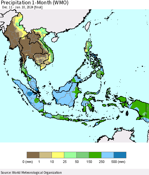 South East Asia Precipitation 1-Month (WMO) Thematic Map For 12/11/2023 - 1/10/2024