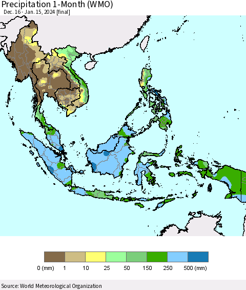 South East Asia Precipitation 1-Month (WMO) Thematic Map For 12/16/2023 - 1/15/2024