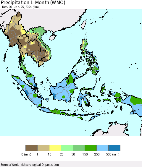South East Asia Precipitation 1-Month (WMO) Thematic Map For 12/26/2023 - 1/25/2024