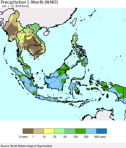 South East Asia Precipitation 1-Month (WMO) Thematic Map For 1/1/2024 - 1/31/2024