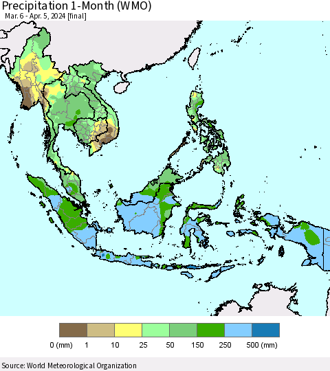 South East Asia Precipitation 1-Month (WMO) Thematic Map For 3/6/2024 - 4/5/2024