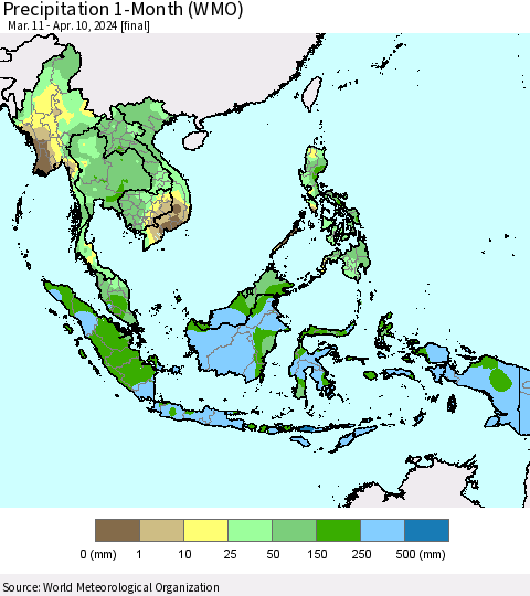 South East Asia Precipitation 1-Month (WMO) Thematic Map For 3/11/2024 - 4/10/2024