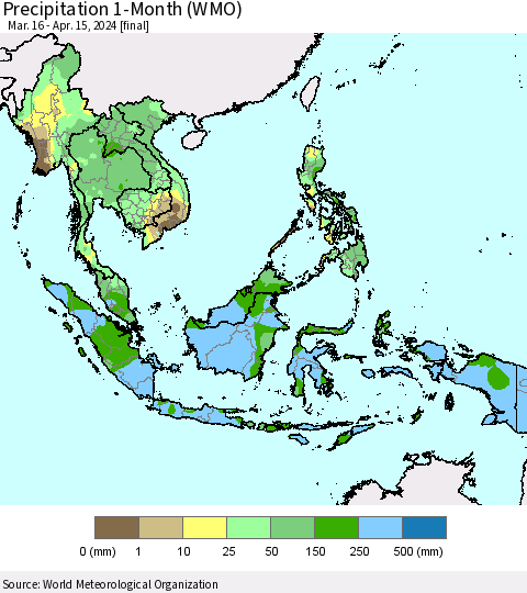South East Asia Precipitation 1-Month (WMO) Thematic Map For 3/16/2024 - 4/15/2024