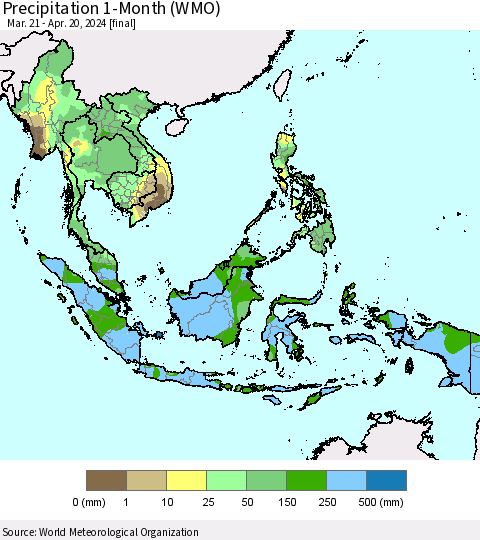 South East Asia Precipitation 1-Month (WMO) Thematic Map For 3/21/2024 - 4/20/2024