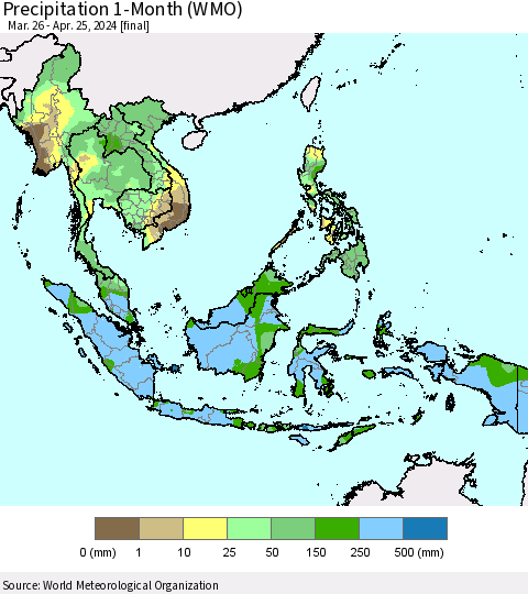 South East Asia Precipitation 1-Month (WMO) Thematic Map For 3/26/2024 - 4/25/2024