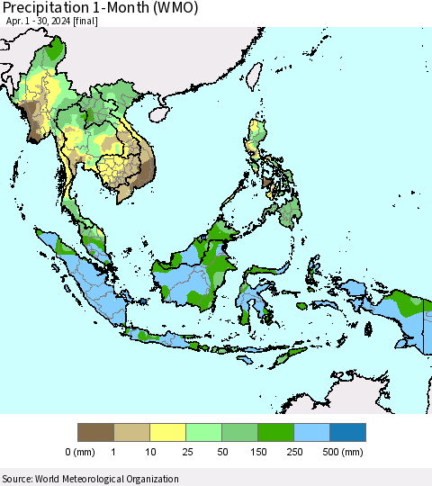 South East Asia Precipitation 1-Month (WMO) Thematic Map For 4/1/2024 - 4/30/2024