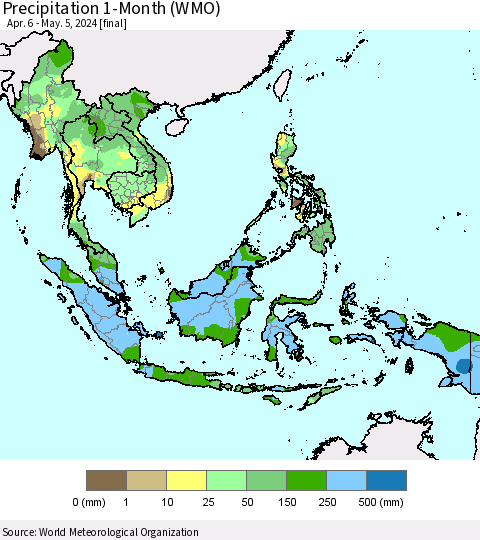 South East Asia Precipitation 1-Month (WMO) Thematic Map For 4/6/2024 - 5/5/2024