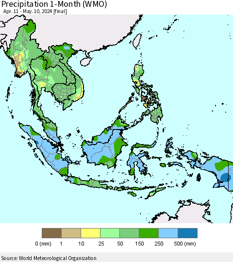 South East Asia Precipitation 1-Month (WMO) Thematic Map For 4/11/2024 - 5/10/2024