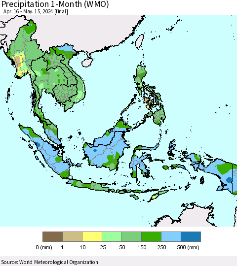 South East Asia Precipitation 1-Month (WMO) Thematic Map For 4/16/2024 - 5/15/2024