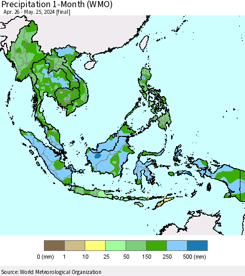 South East Asia Precipitation 1-Month (WMO) Thematic Map For 4/26/2024 - 5/25/2024