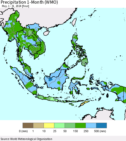South East Asia Precipitation 1-Month (WMO) Thematic Map For 5/1/2024 - 5/31/2024