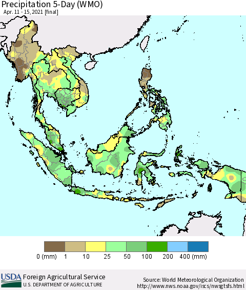 South East Asia Precipitation 5-Day (WMO) Thematic Map For 4/11/2021 - 4/15/2021