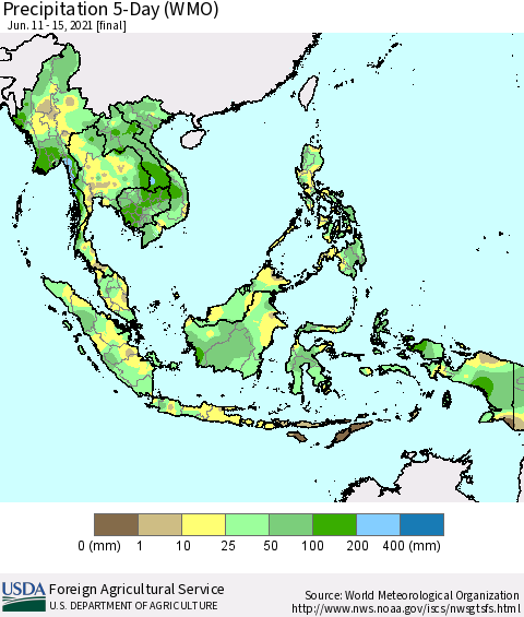 South East Asia Precipitation 5-Day (WMO) Thematic Map For 6/11/2021 - 6/15/2021