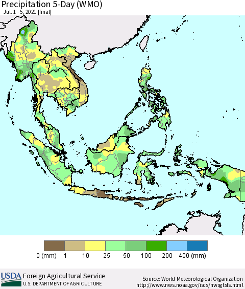 South East Asia Precipitation 5-Day (WMO) Thematic Map For 7/1/2021 - 7/5/2021