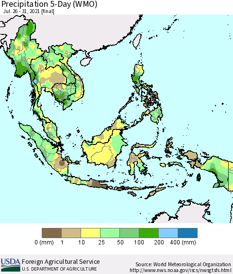 South East Asia Precipitation 5-Day (WMO) Thematic Map For 7/26/2021 - 7/31/2021