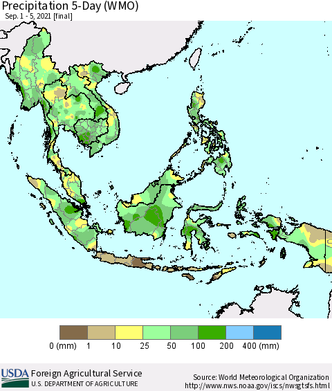 South East Asia Precipitation 5-Day (WMO) Thematic Map For 9/1/2021 - 9/5/2021