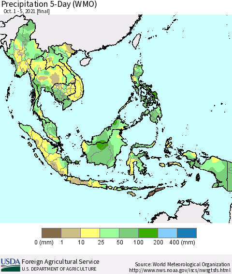 South East Asia Precipitation 5-Day (WMO) Thematic Map For 10/1/2021 - 10/5/2021