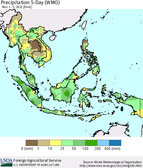 South East Asia Precipitation 5-Day (WMO) Thematic Map For 11/1/2021 - 11/5/2021