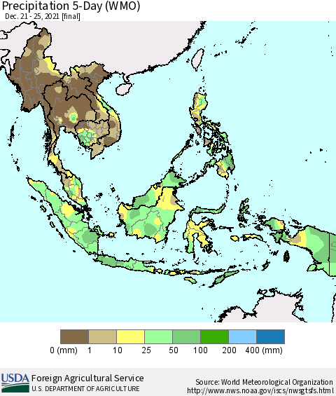South East Asia Precipitation 5-Day (WMO) Thematic Map For 12/21/2021 - 12/25/2021