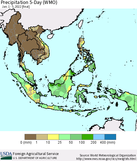 South East Asia Precipitation 5-Day (WMO) Thematic Map For 1/1/2022 - 1/5/2022