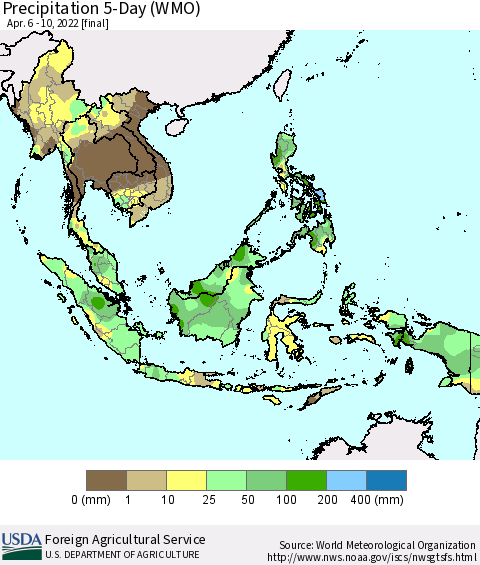 South East Asia Precipitation 5-Day (WMO) Thematic Map For 4/6/2022 - 4/10/2022