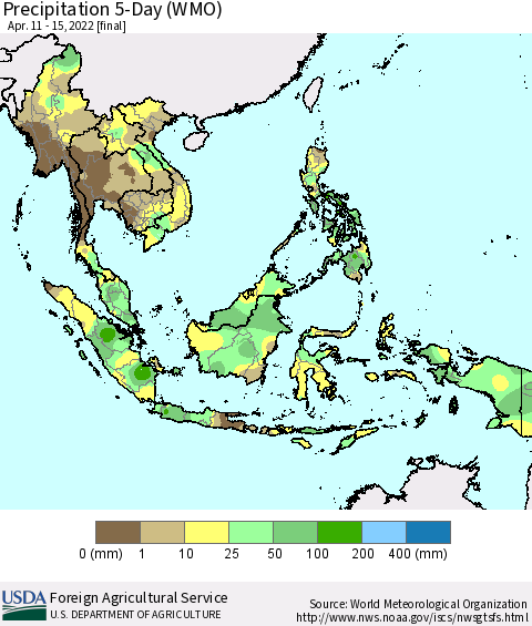 South East Asia Precipitation 5-Day (WMO) Thematic Map For 4/11/2022 - 4/15/2022