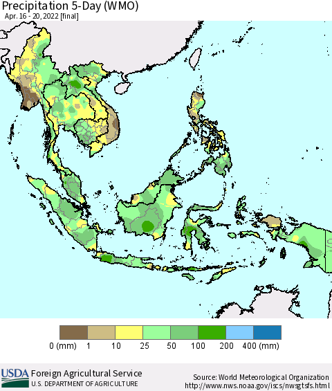 South East Asia Precipitation 5-Day (WMO) Thematic Map For 4/16/2022 - 4/20/2022