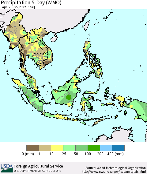 South East Asia Precipitation 5-Day (WMO) Thematic Map For 4/21/2022 - 4/25/2022