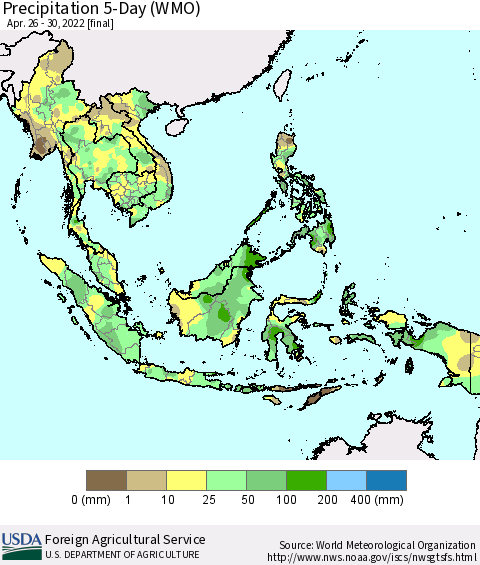 South East Asia Precipitation 5-Day (WMO) Thematic Map For 4/26/2022 - 4/30/2022