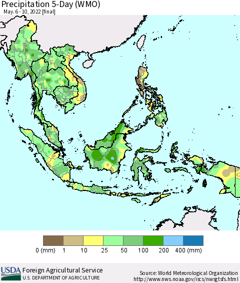 South East Asia Precipitation 5-Day (WMO) Thematic Map For 5/6/2022 - 5/10/2022