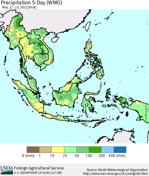 South East Asia Precipitation 5-Day (WMO) Thematic Map For 5/11/2022 - 5/15/2022