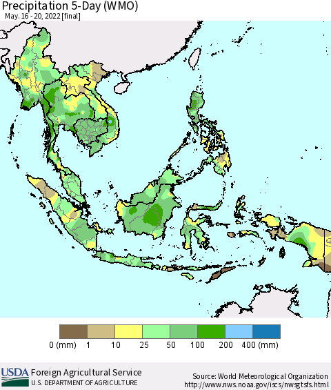 South East Asia Precipitation 5-Day (WMO) Thematic Map For 5/16/2022 - 5/20/2022