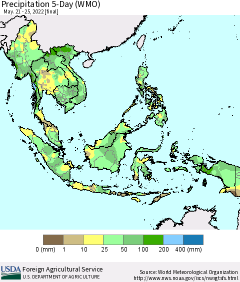 South East Asia Precipitation 5-Day (WMO) Thematic Map For 5/21/2022 - 5/25/2022