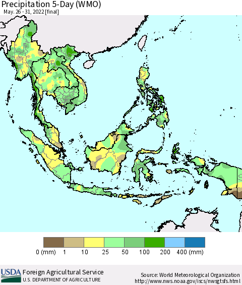 South East Asia Precipitation 5-Day (WMO) Thematic Map For 5/26/2022 - 5/31/2022