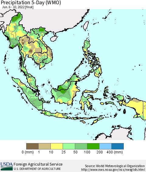South East Asia Precipitation 5-Day (WMO) Thematic Map For 6/6/2022 - 6/10/2022