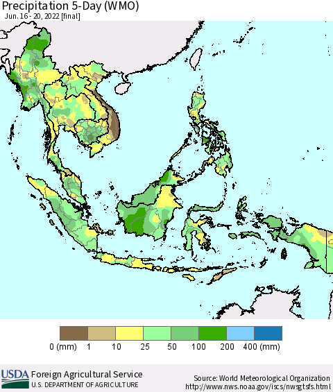 South East Asia Precipitation 5-Day (WMO) Thematic Map For 6/16/2022 - 6/20/2022