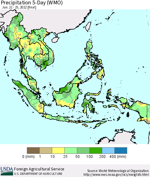 South East Asia Precipitation 5-Day (WMO) Thematic Map For 6/21/2022 - 6/25/2022