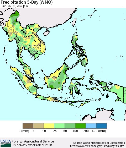 South East Asia Precipitation 5-Day (WMO) Thematic Map For 6/26/2022 - 6/30/2022