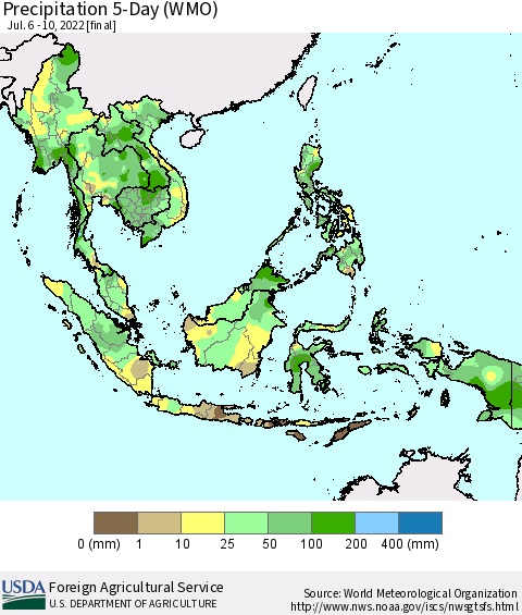 South East Asia Precipitation 5-Day (WMO) Thematic Map For 7/6/2022 - 7/10/2022