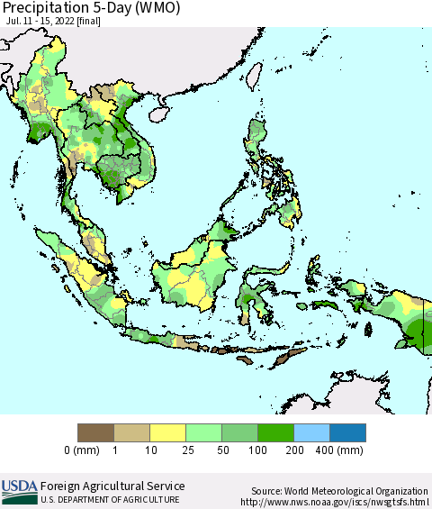 South East Asia Precipitation 5-Day (WMO) Thematic Map For 7/11/2022 - 7/15/2022