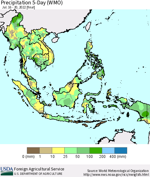 South East Asia Precipitation 5-Day (WMO) Thematic Map For 7/16/2022 - 7/20/2022