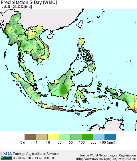 South East Asia Precipitation 5-Day (WMO) Thematic Map For 7/21/2022 - 7/25/2022