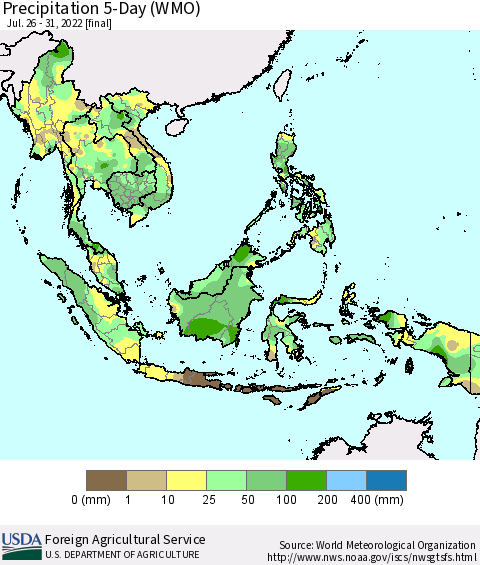 South East Asia Precipitation 5-Day (WMO) Thematic Map For 7/26/2022 - 7/31/2022