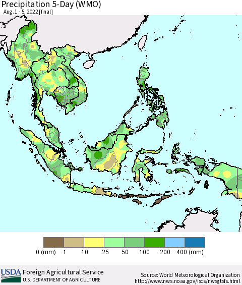 South East Asia Precipitation 5-Day (WMO) Thematic Map For 8/1/2022 - 8/5/2022