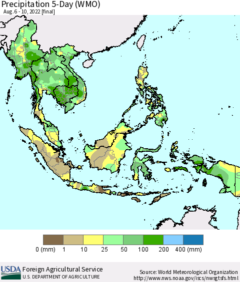 South East Asia Precipitation 5-Day (WMO) Thematic Map For 8/6/2022 - 8/10/2022