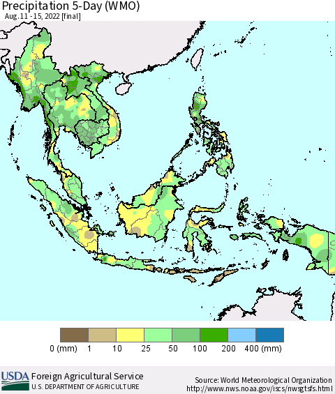 South East Asia Precipitation 5-Day (WMO) Thematic Map For 8/11/2022 - 8/15/2022