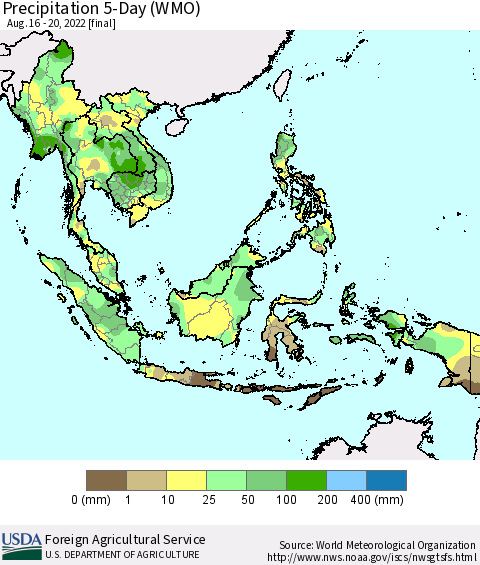 South East Asia Precipitation 5-Day (WMO) Thematic Map For 8/16/2022 - 8/20/2022